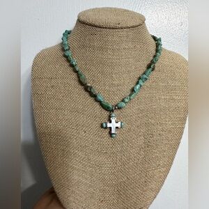 Vintage Southwestern Turquoise Sterling Silver Mother Of Pearl Cross Necklace